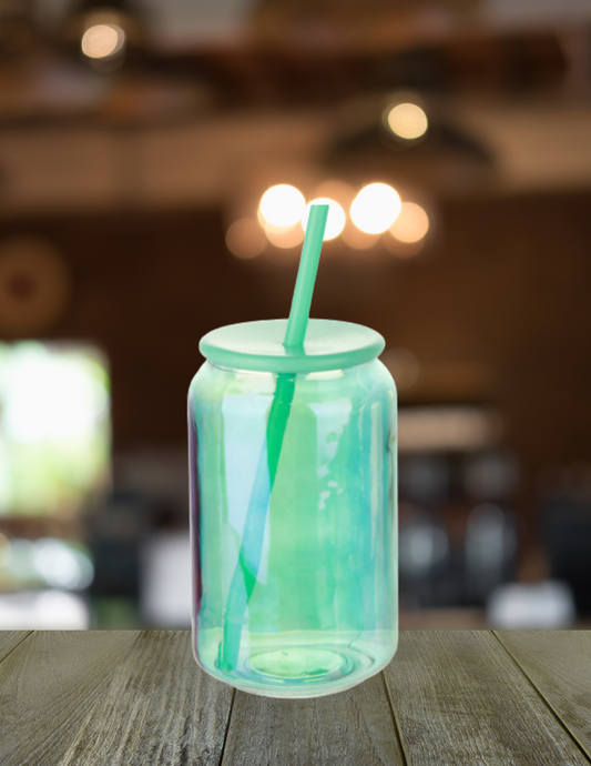 Iridescent Cup with Lid & Straw and label, Green