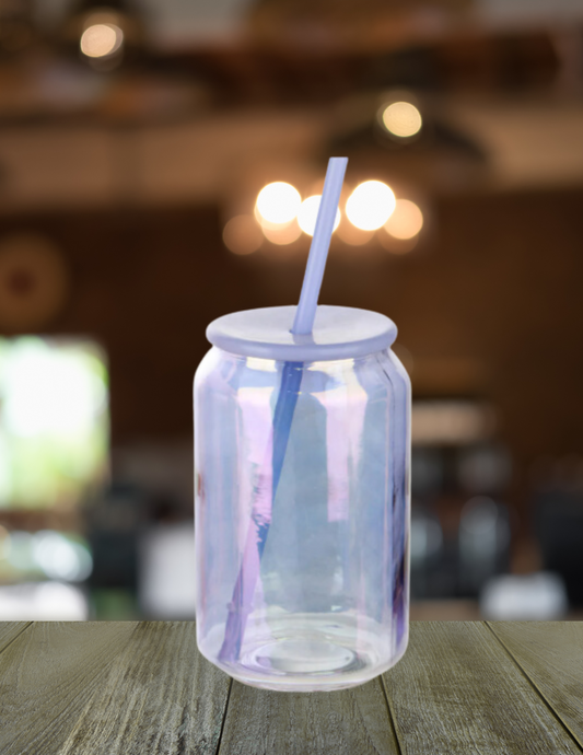 Iridescent Cup with Lid & Straw and label, Blue