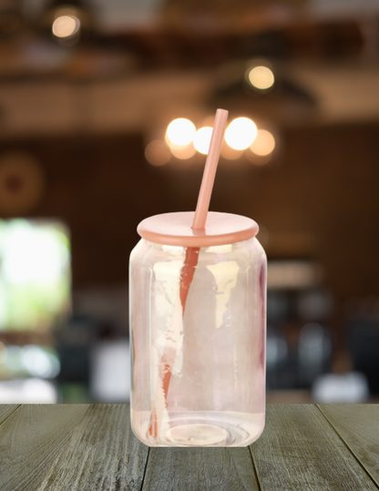 Iridescent Cup with Lid & Straw and label, Orange